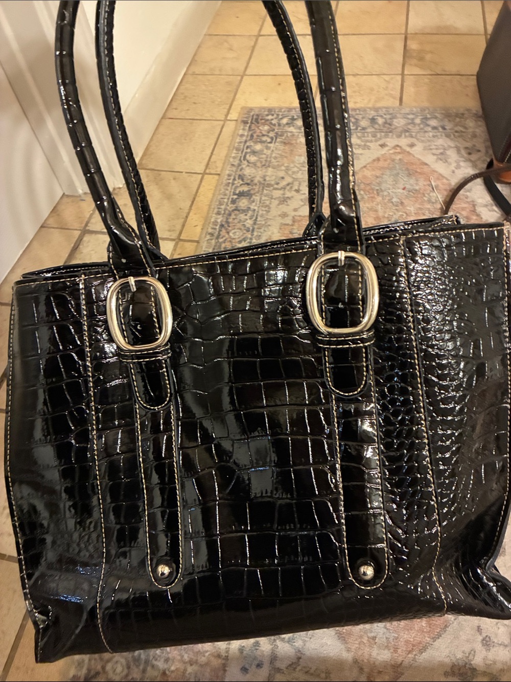 Mondani Black Croc-Embossed Patent Shoulder Tote‎
